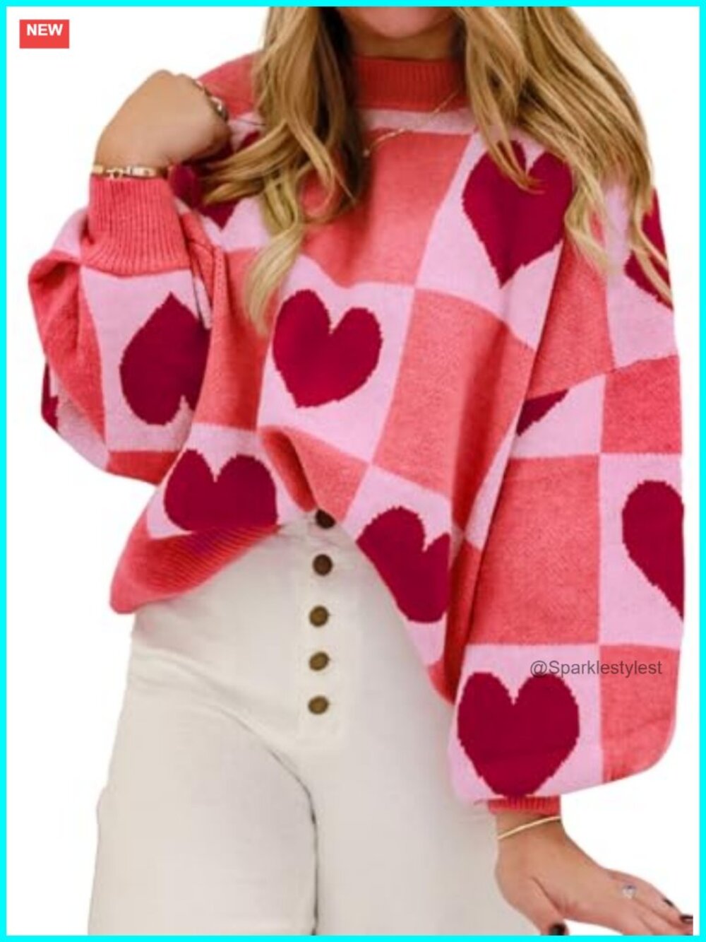 Womens Plus Size Heart Sweater Lantern Sleeve Pullover Valentines